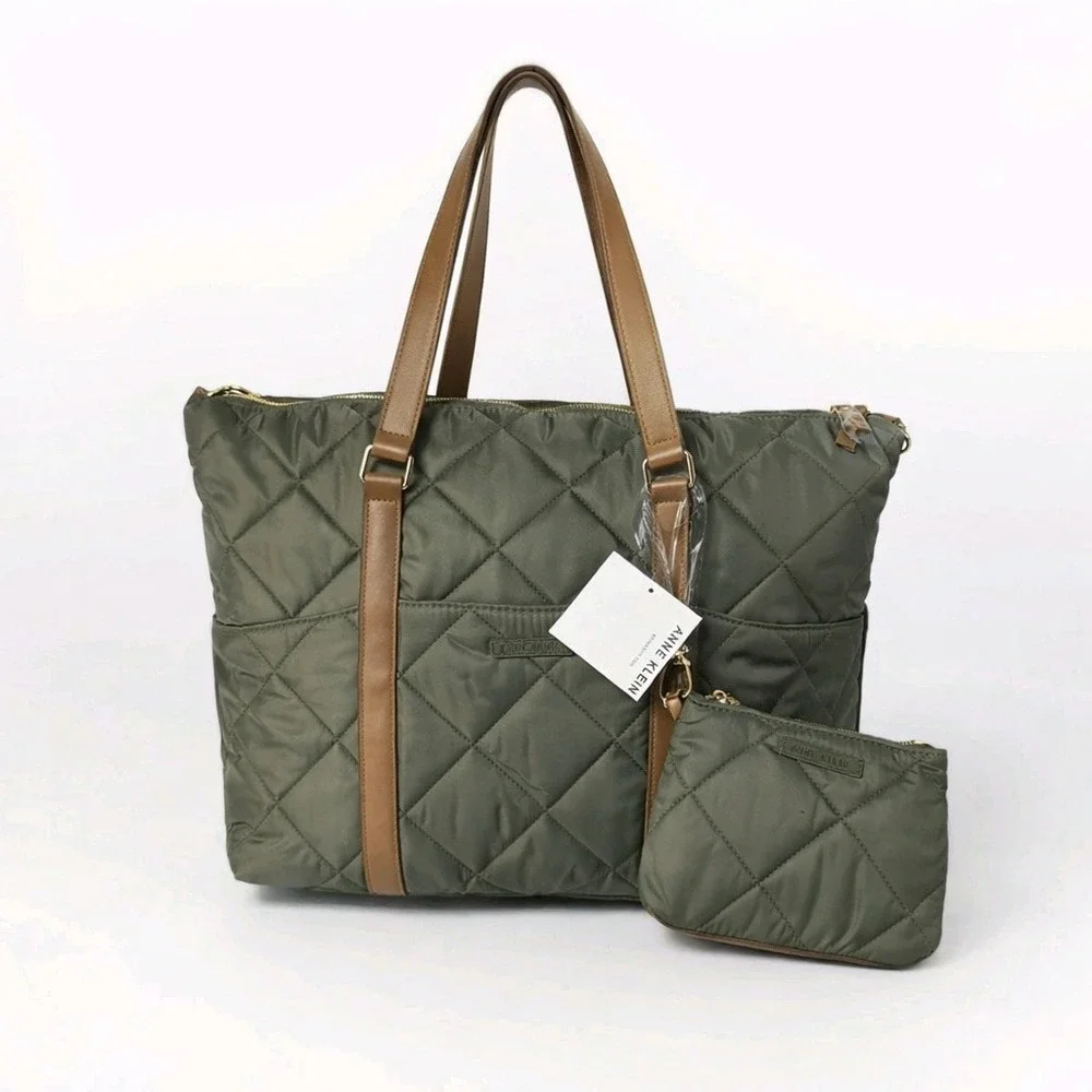 Anne Klein Quilted Nylon Tote‎ Bag w Zip Pouch Olive Green NWT
